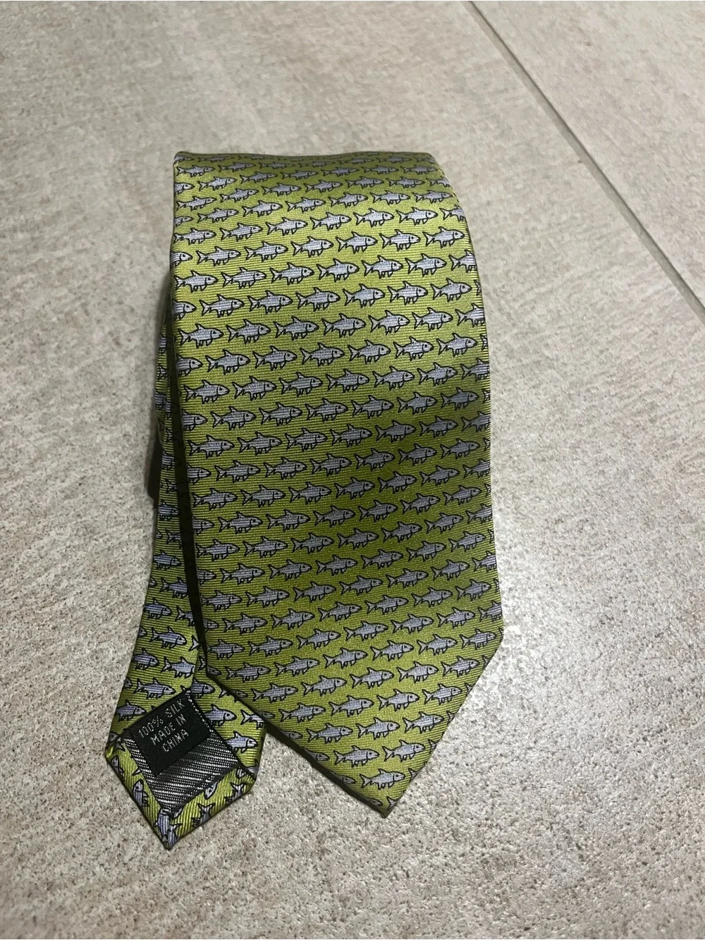 Lord & Taylor Lime Green Fish Motif Silk Tie